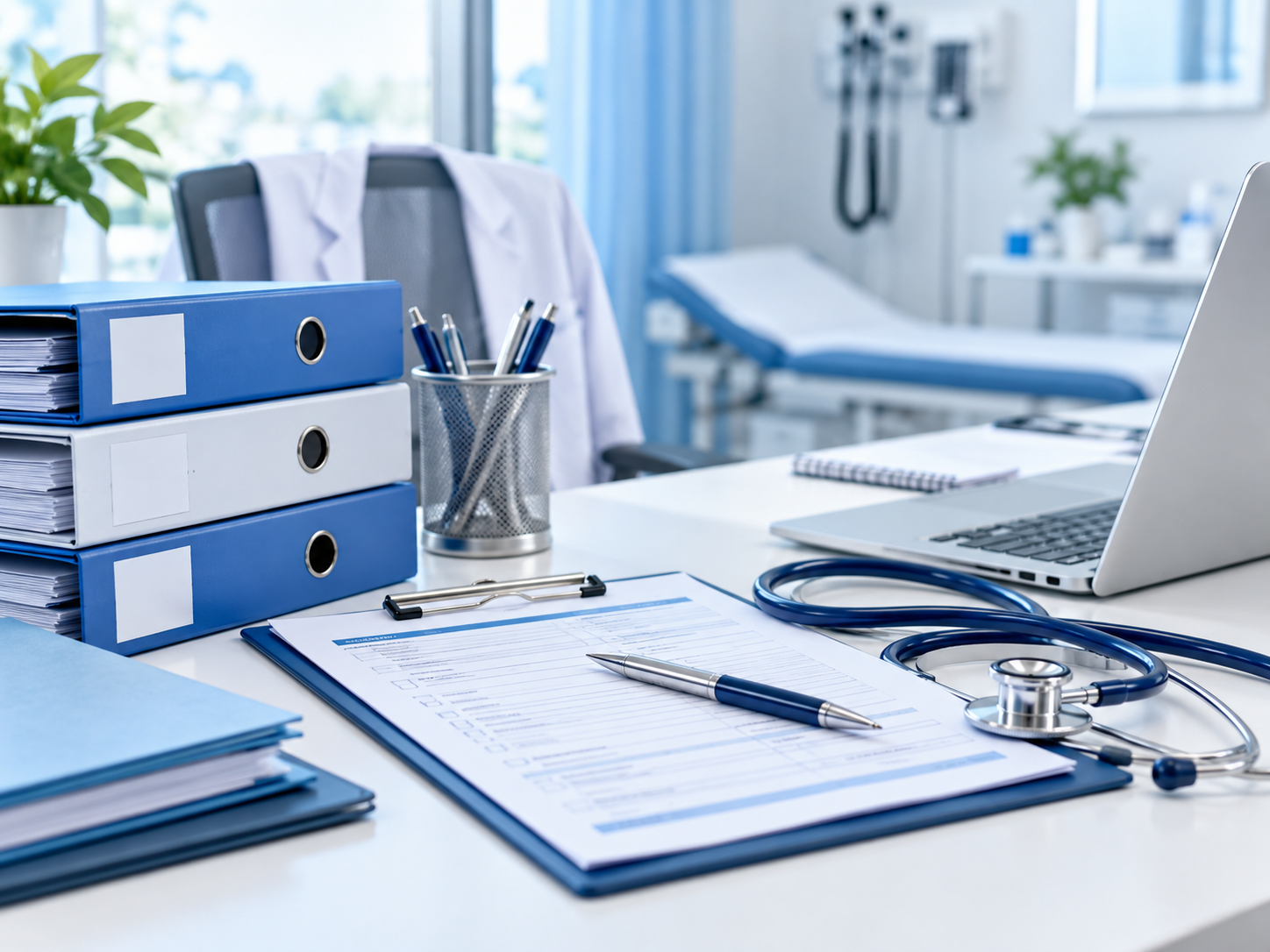Documentos y carpetas en un escritorio médico